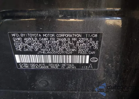 2009 Lexus Es 350 z USA, uszkodzony, nr VIN JTHBJ46G592297624